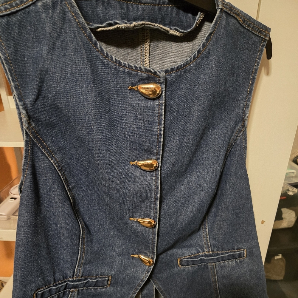 SHEIN Blue Denim Sleeveless Vest with Gold Buttons